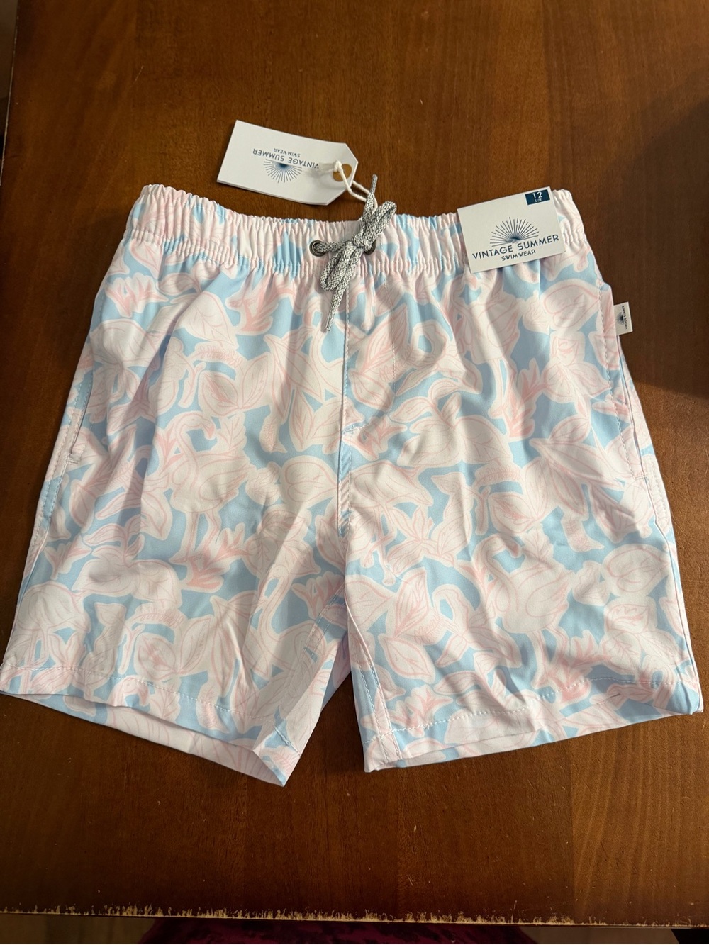 Boys Vintage Summer Flamingo Print Swim Trunks, size 12